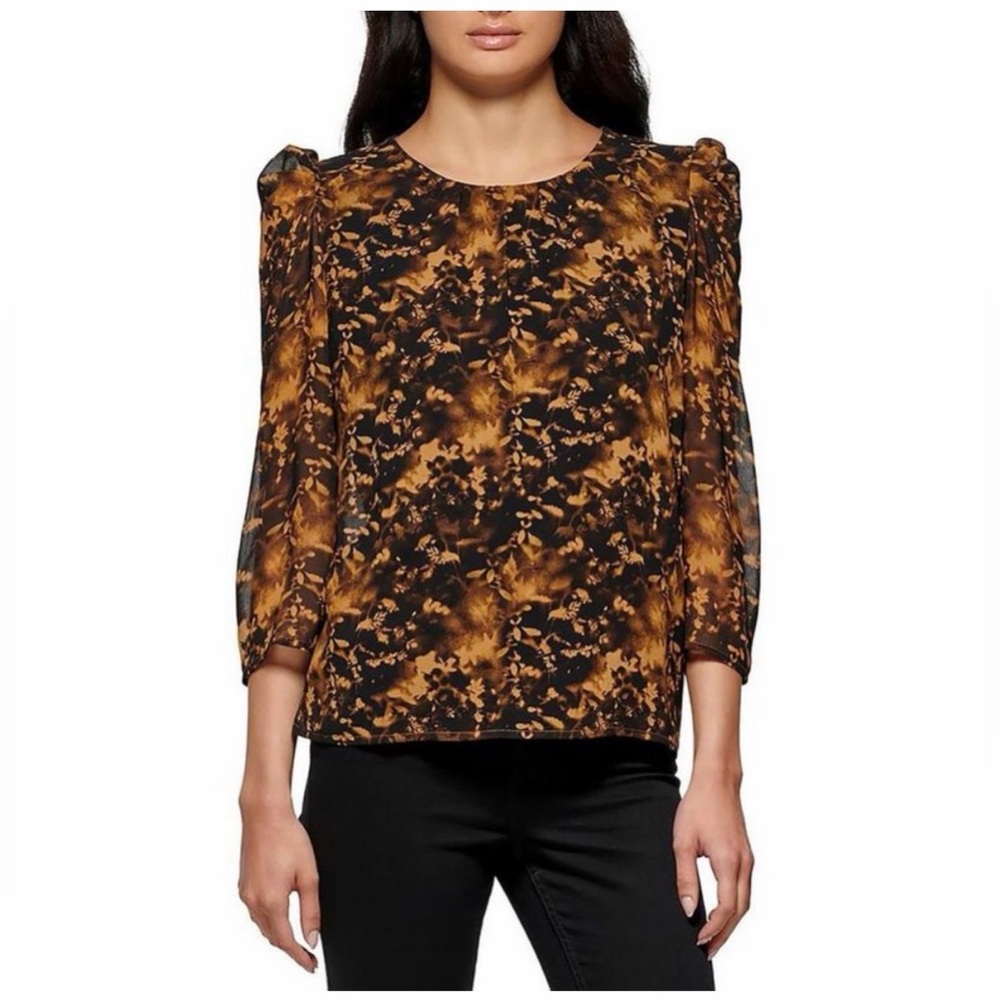 Calvin Klein Brown Printed Puff Shoulder Blouse